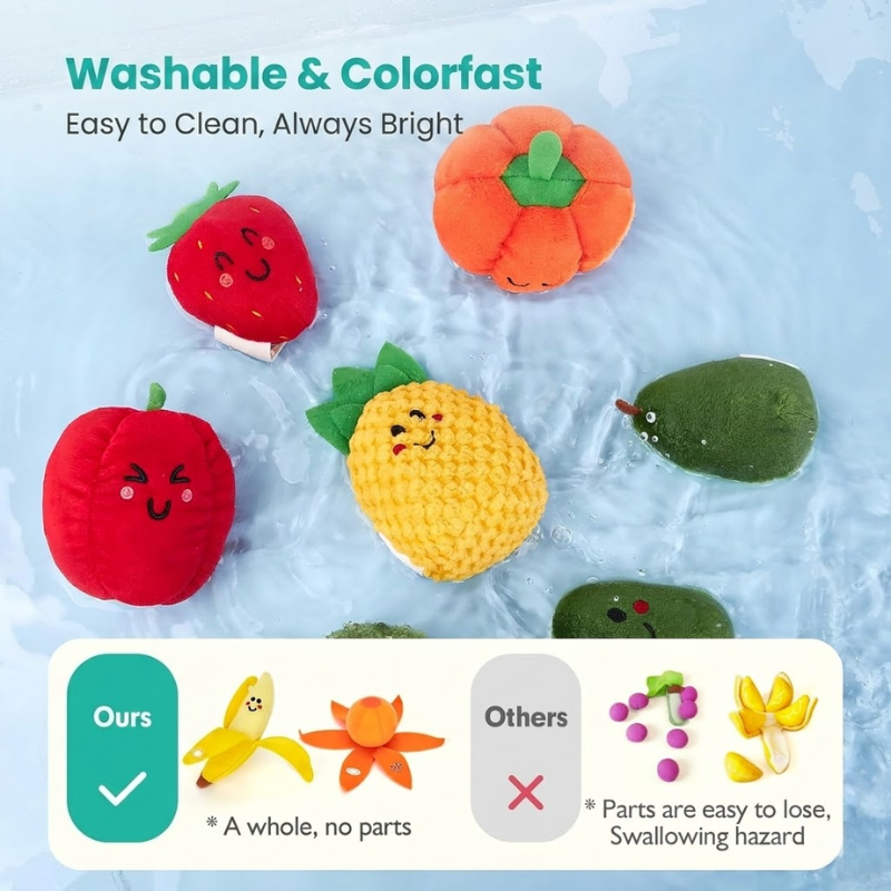 Plush fruits being washed